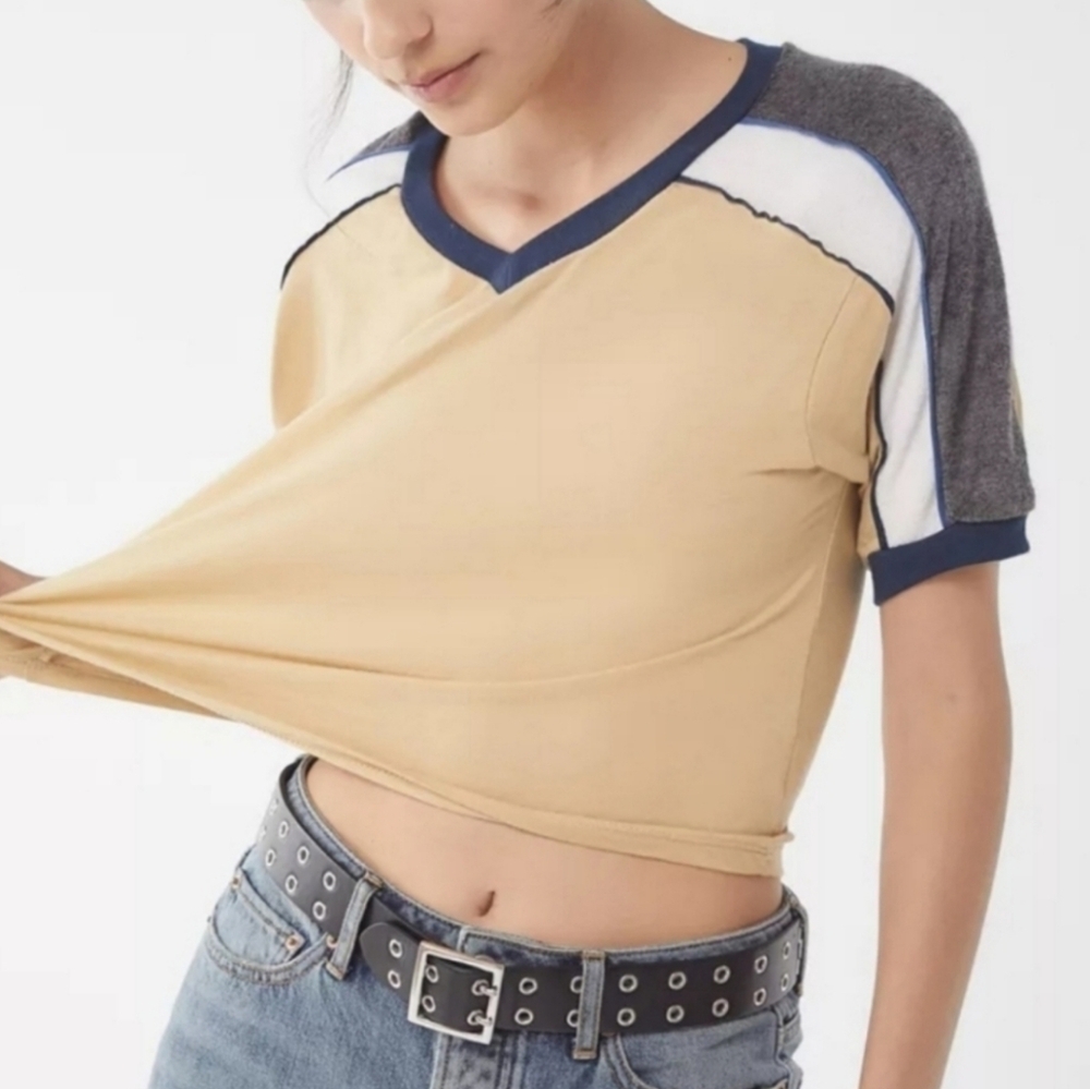 Urban Outfitters Project Social T Gray Striped Terry Tipped Cropped V Neck Tee